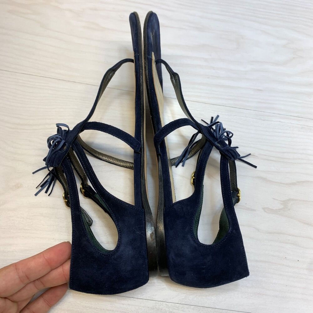 Tibi Fringe Thong Sandals Womens Size 9B Navy Blue Suede Leather - Picture 3 of 12